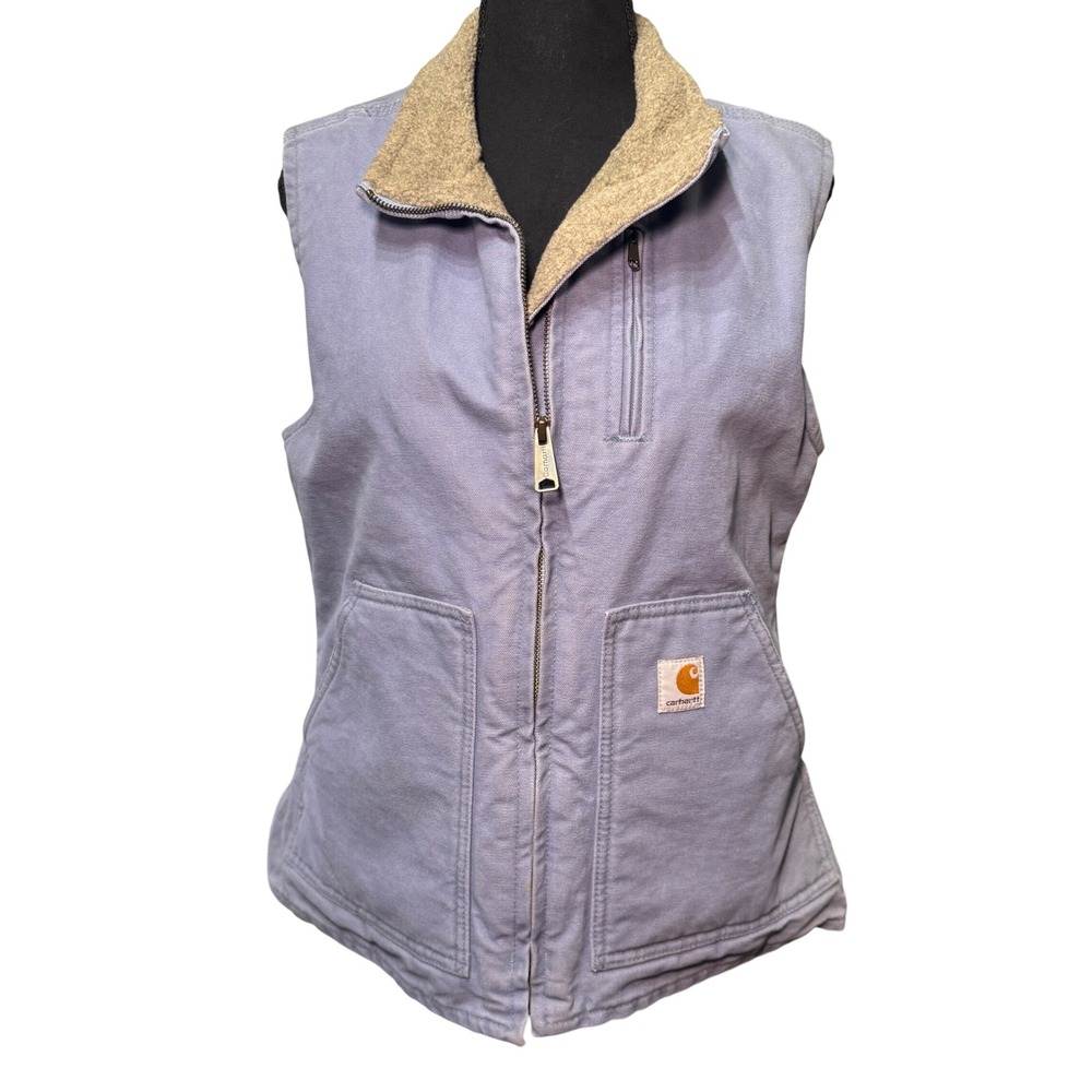 Carhartt Women Sandstone Mock Neck Sherpa Lined Vest Blue Purple Cotton Duck